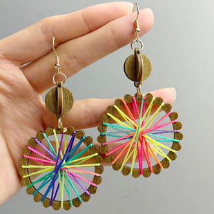 欧美波西米亚几何圆形菱形耳环木片复古流行丝线耳环拼接长款耳坠