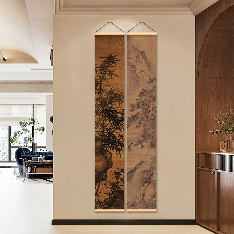 中式山水竖版装饰画走廊书房楼梯花鸟植物墙面竖版国风布艺挂帘图片