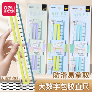 得力防滑直尺透明尺子小学生手抄报15cm多功能画图几何绘图初中生专用一二年级套装 带波浪直尺20cm软尺高颜值