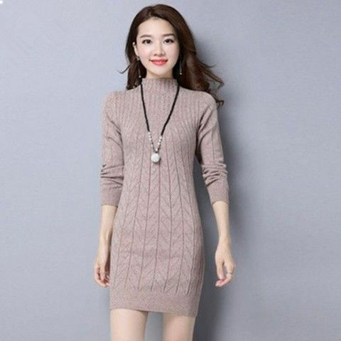 毛衫纯色中长款显瘦针织衫半高领加厚连衣裙毛衣女简约保暖百搭范