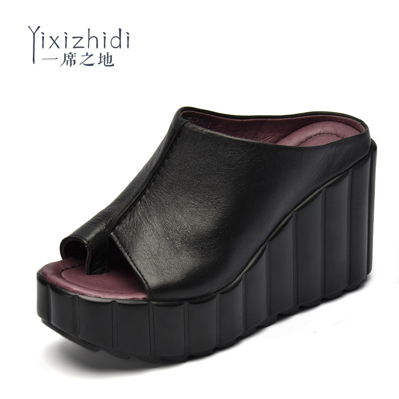 一席之地拖鞋女夏2025新款外穿时尚厚底凉拖鞋高跟真皮坡跟女凉鞋