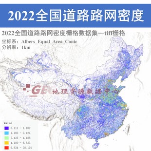 中国全国道路路网密度栅格数据集tiff栅格1km分辨率gis出图