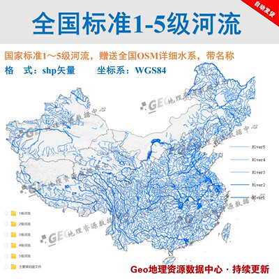 全国中国1-5级标准河流水系河道shp矢量数据gis数据按省分区
