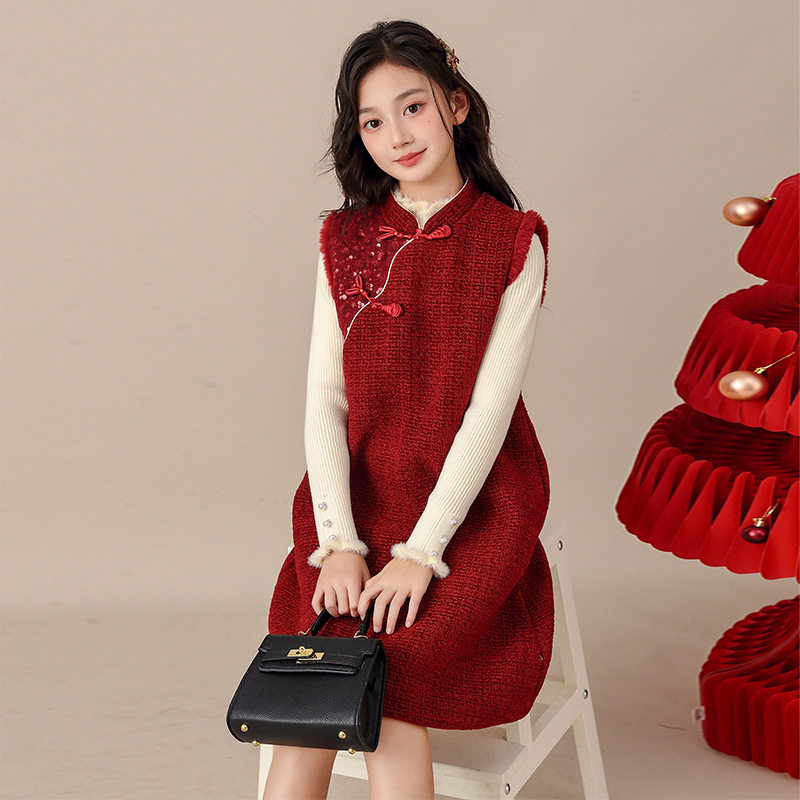 女童加绒连衣裙秋冬2025新款童装古风红色背心裙小女孩洋气拜年服