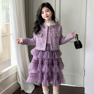 女童小香风连衣裙春装套装2026新款中大童儿童装超好看公主蛋糕裙