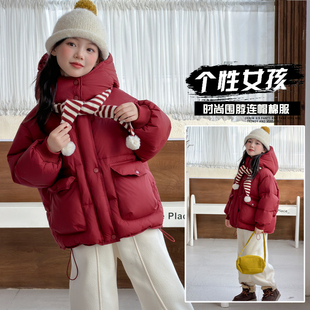 女童红色棉服2026新款拜年服中大童洋气羽绒棉衣十岁女孩冬装外套