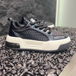 高级感黑色男鞋 休闲板鞋 皮面编织厚底增高透气老爹鞋 新款 2025秋季