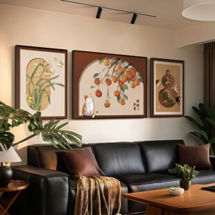 中古风轻奢高级感柿柿如意三联客厅装饰画沙发背景墙挂画2026新款