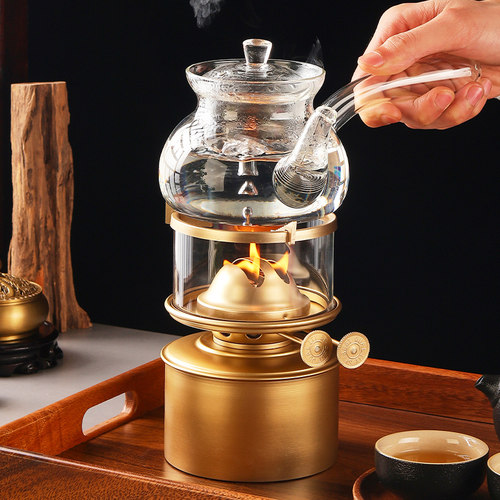 纯黄铜油茶灯煮茶炉玻璃茶壶