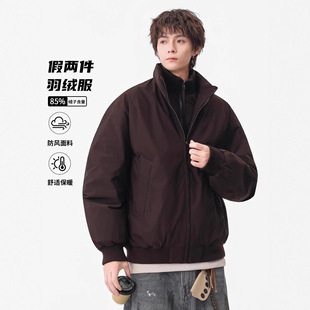 GENIOLAMODE美式拉链假两件羽绒服男女冬季痞帅加厚保暖夹克外套