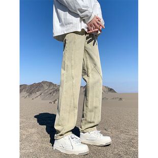 STNCA水洗黄泥色牛仔裤男女美式复古直筒宽松拼接高街ins百搭裤子