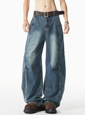 爆款美式蓝色弯刀男士牛仔裤男款2025秋季宽松直筒阔腿男生裤子