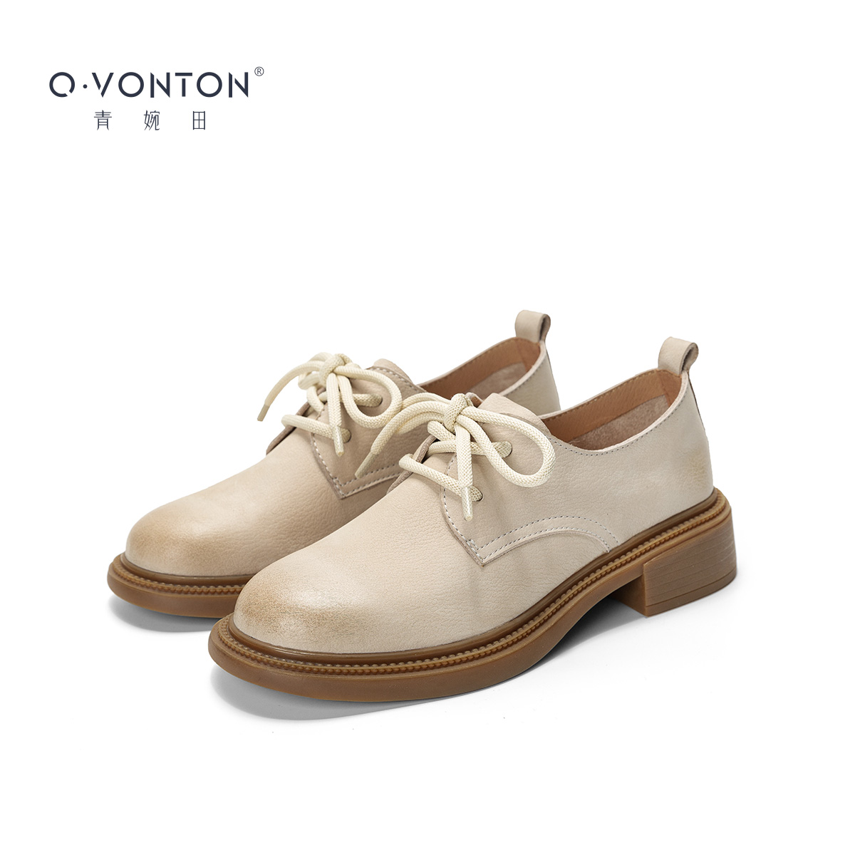 青婉田英伦风粗跟小皮鞋女2025春季新款文艺复古女鞋真皮深口单鞋