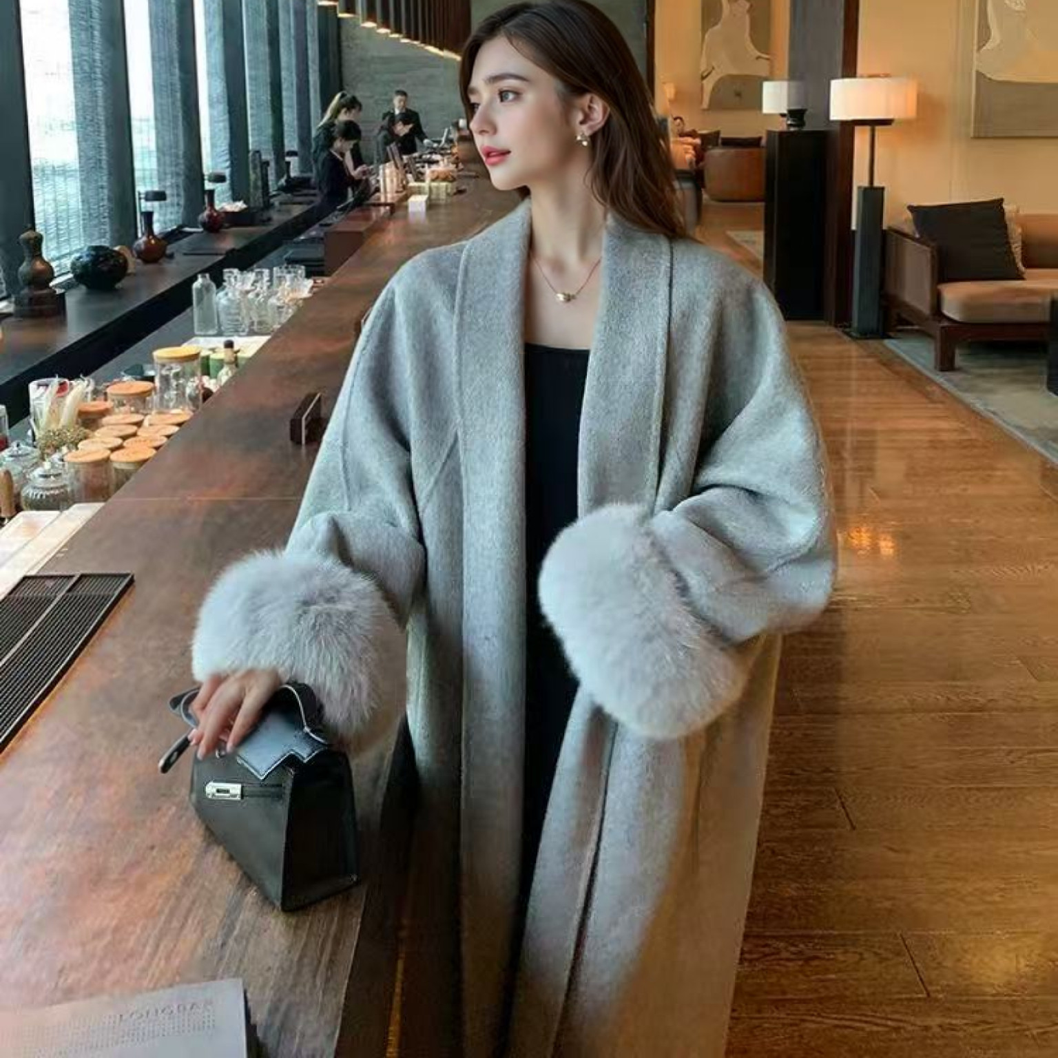 黑色双面羊绒大衣女2026秋冬季狐狸毛新中长款高端慵懒风羊毛外套