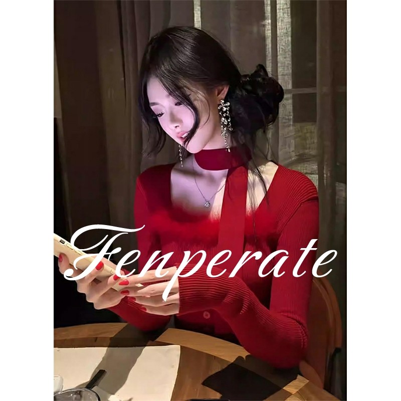 FENPERATE圣诞氛围感挂脖红色毛衣女秋冬修身内搭打底针织衫上衣