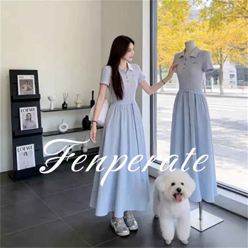 FENPERATE学院风POLO领绑带连衣裙女夏季设计感收腰显瘦减龄长裙