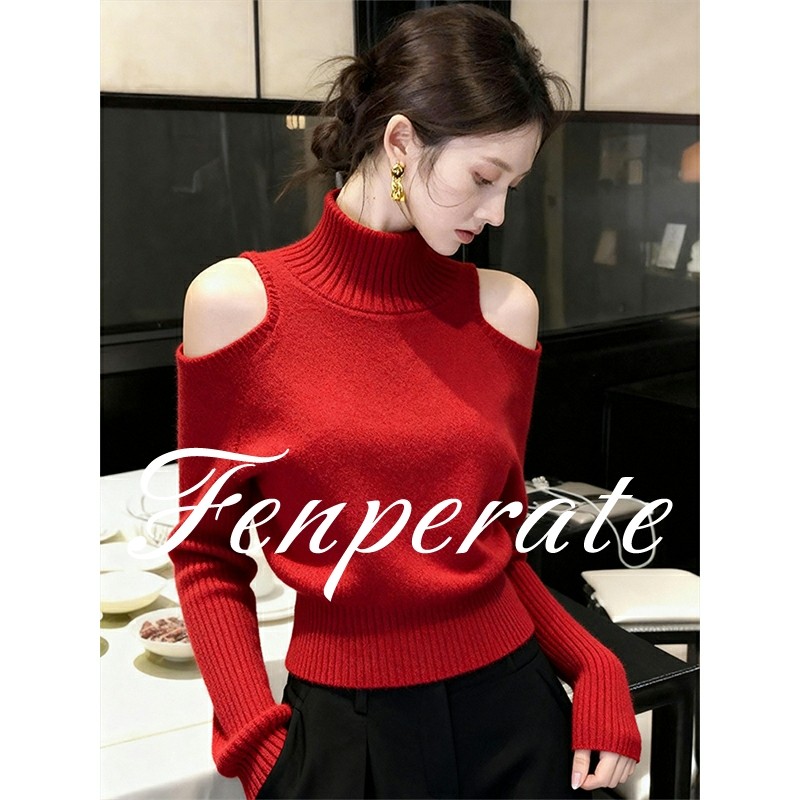 FENPERATE红色露肩高领毛衣女秋冬慵懒高级感上衣洋气针织打底衫