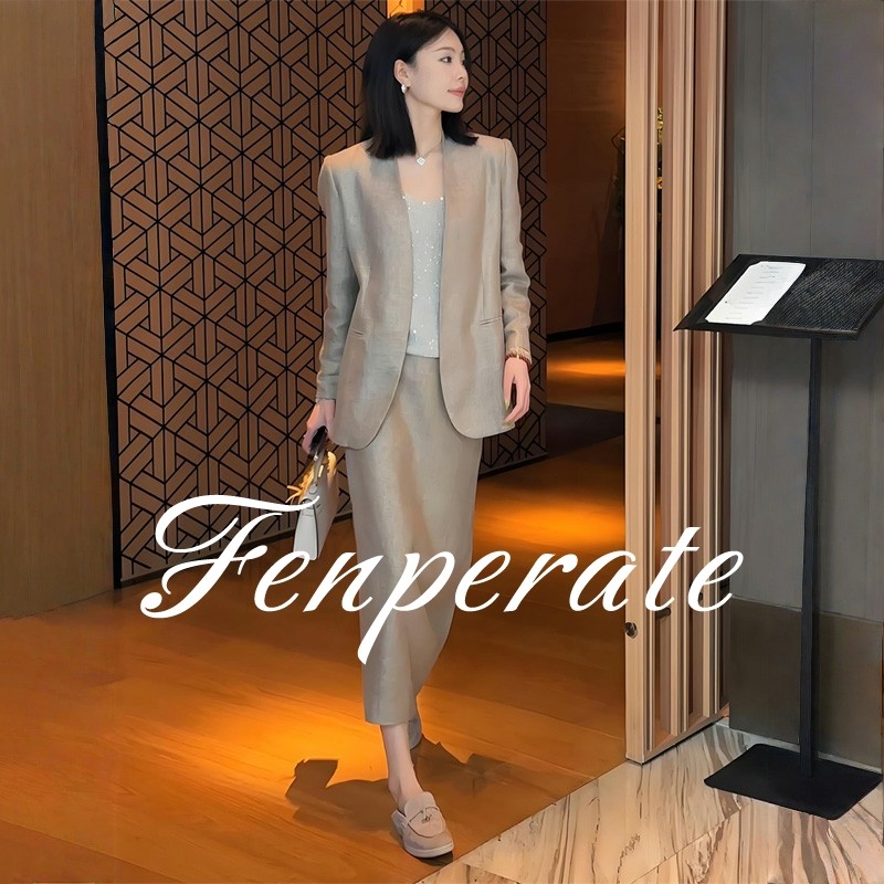 FENPERATE欧货轻熟风亚麻套装裙女秋季新款西装外套半身裙两件套