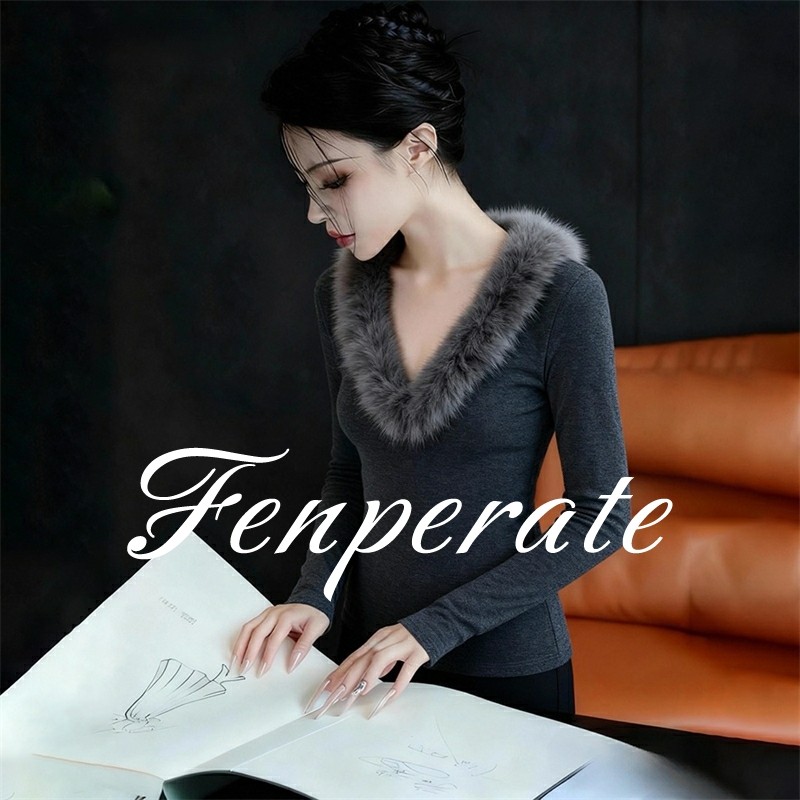 FENPERATE纯欲毛毛拼接v领长袖上衣女秋冬季设计感复古修身打底衫