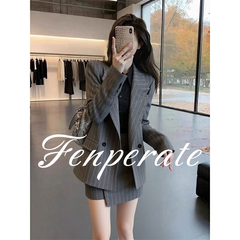 FENPERATE西装短裙套装女春夏季休闲气质通勤职业条纹西服两件套