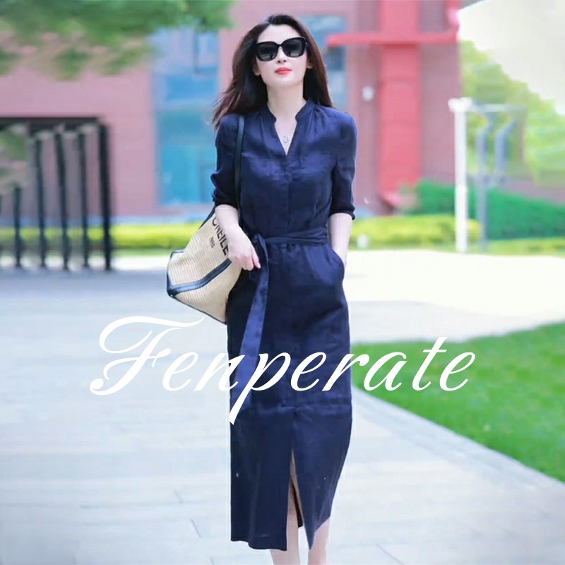 FENPERATE高端气质亚麻连衣裙女春秋新款中长款宽松遮肚显瘦长裙