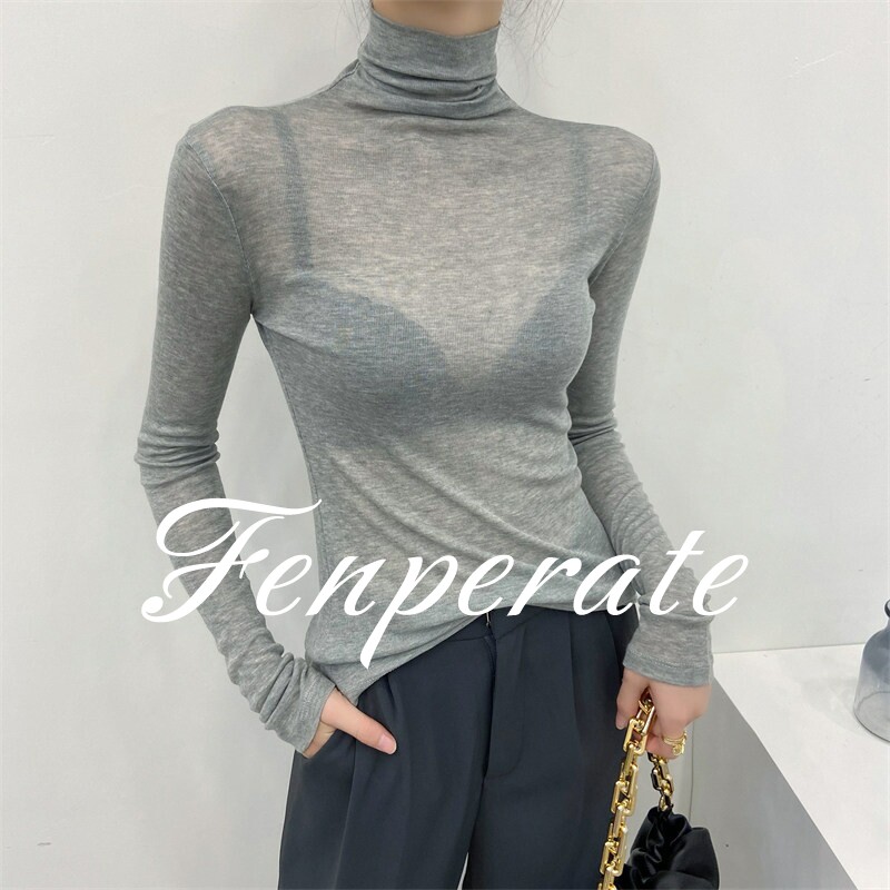 FENPERATE灰色高领内搭薄款打底衫女2026新款堆堆领微透网纱上衣