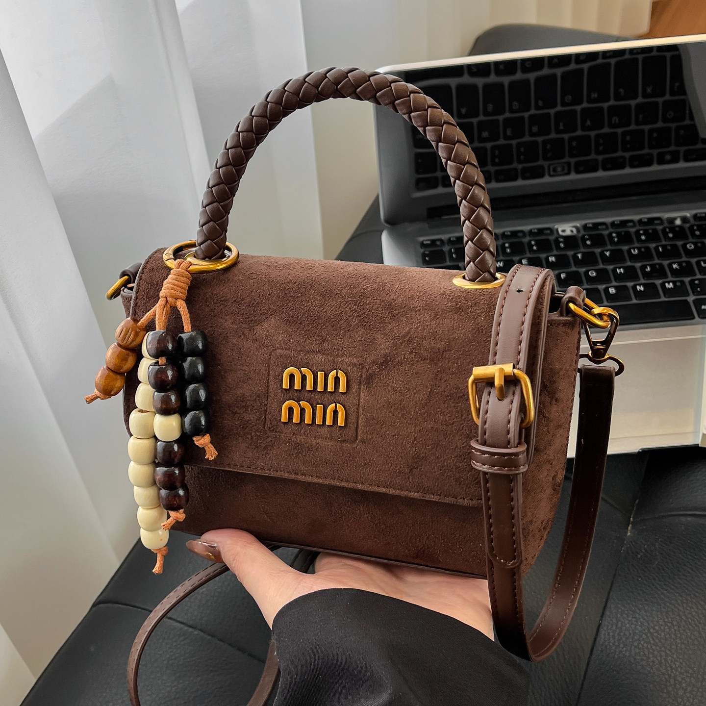 美拉德复古手提小方包女秋冬新款百搭斜挎包麂皮绒绒面迷你手机包