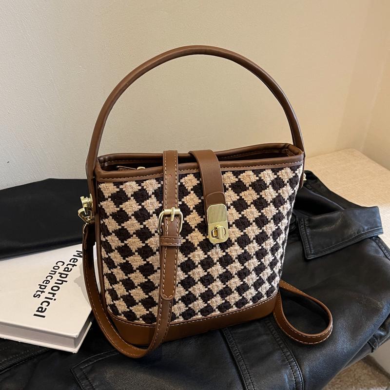 韩版时尚千鸟格水桶包手提斜挎包