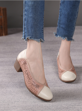 正品德国Golbor女鞋2025新款粗跟真皮圆头舒适拼接单鞋静音不磨脚