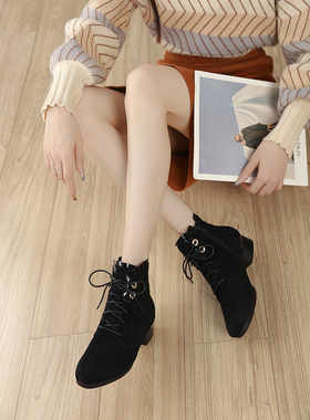 正品真皮德国Golbor女鞋2025秋冬新款时尚圆头保暖系带短靴72.715