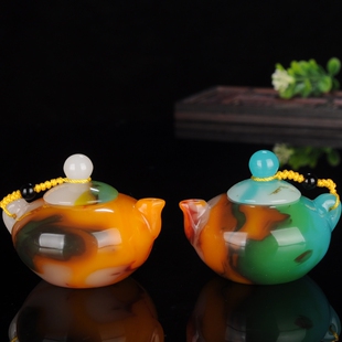 天然新疆和田玉鸡血红玉茶壶彩玉茶具把把壶酒壶酒具彩玉壶手把件
