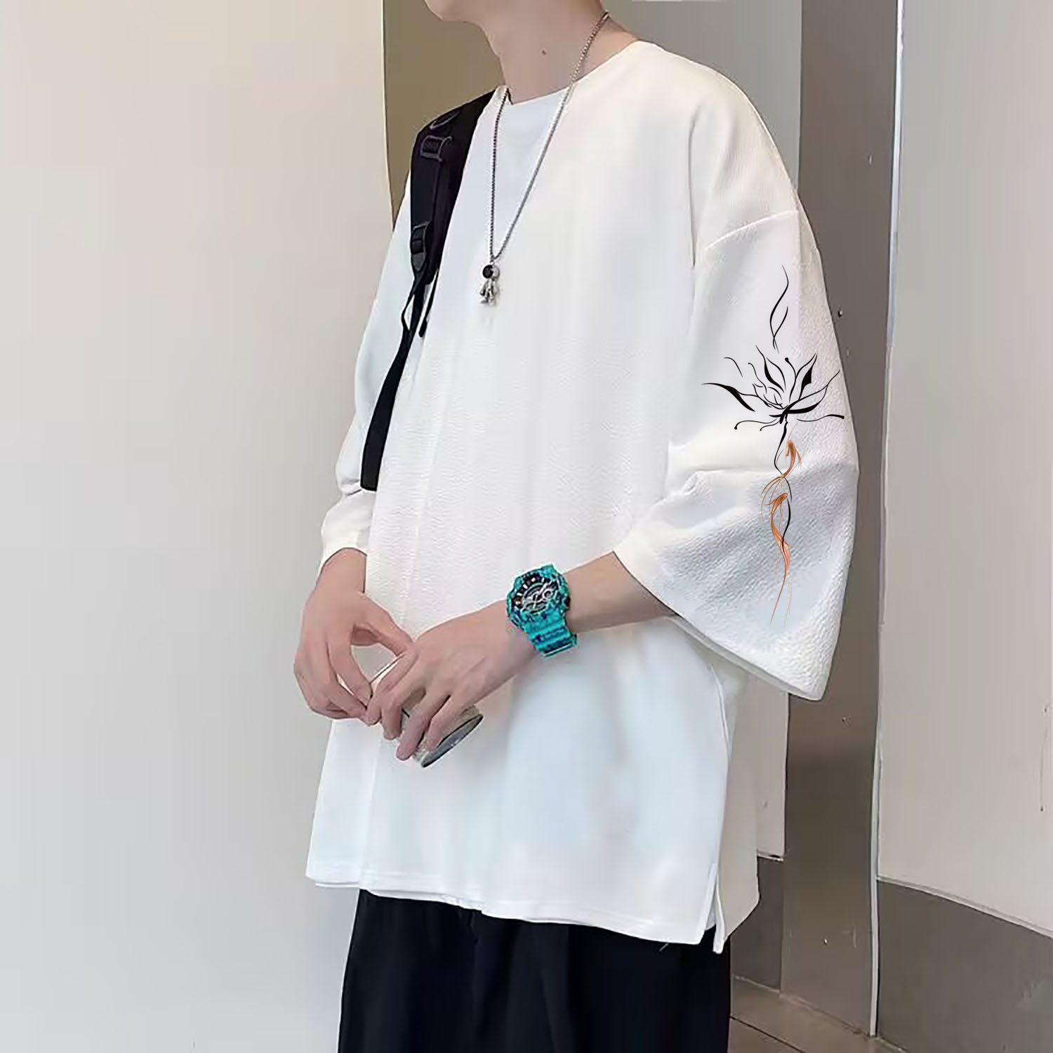 中国风短袖t恤男夏季青少年宽松大码上衣服男装薄款冰丝七分袖T恤