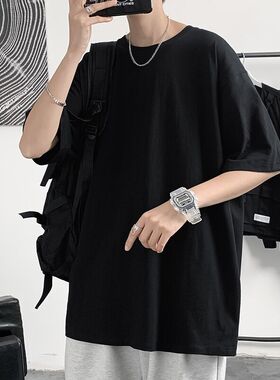 黑色t恤男士夏季韩版潮流宽松休闲短袖半袖大码体恤纯色百搭上衣