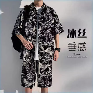 冰丝薄款海边花衬衫男短袖短裤一整套装夏季新款酷帅气沙滩穿搭配