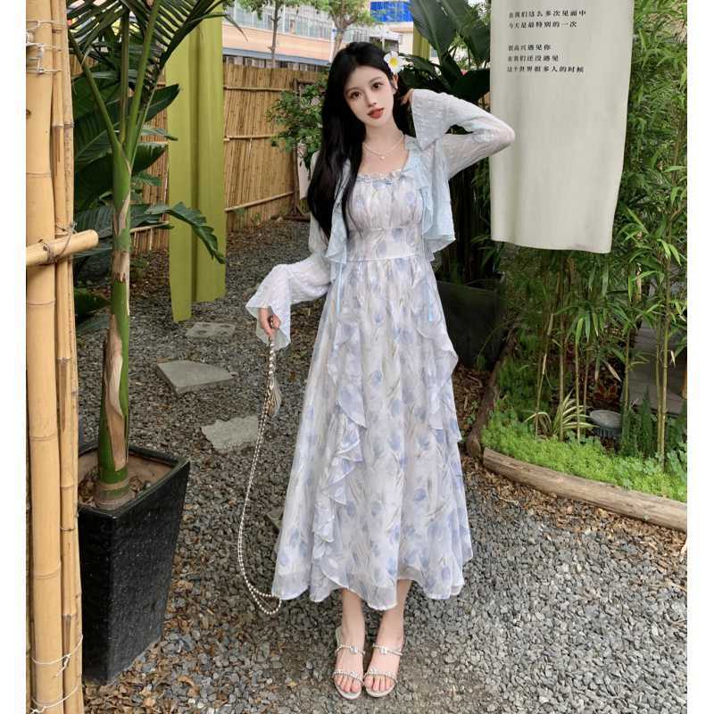实拍大码女装甜美荷叶边温柔遮肚显瘦连衣裙胖MM防晒衫两件套