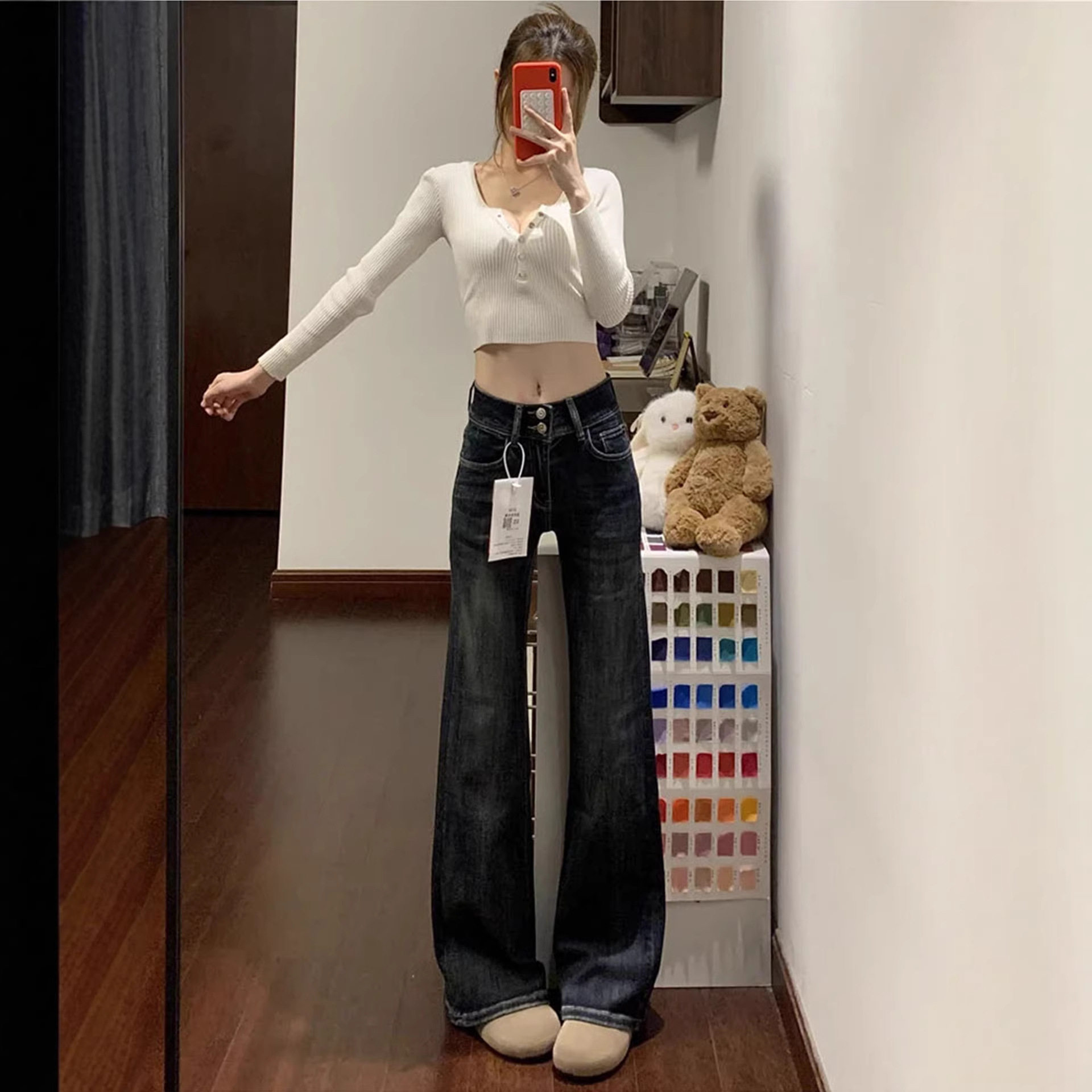 美式梨形微喇复古蓝灰牛仔裤女