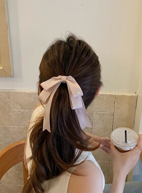 白色双层飘带大蝴蝶结鸭嘴夹女后脑勺发卡半扎发新款顶夹头饰发饰