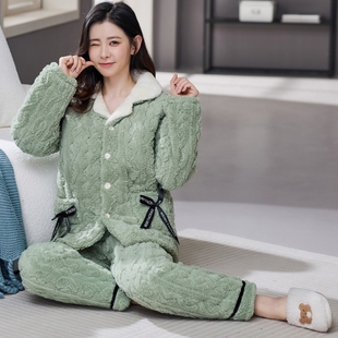 冬季睡衣女加厚款加绒珊瑚绒保暖三层夹棉秋冬天女装法兰绒家居服