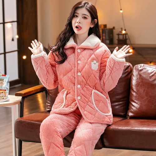 睡衣女冬季三层加厚保暖珊瑚绒袄