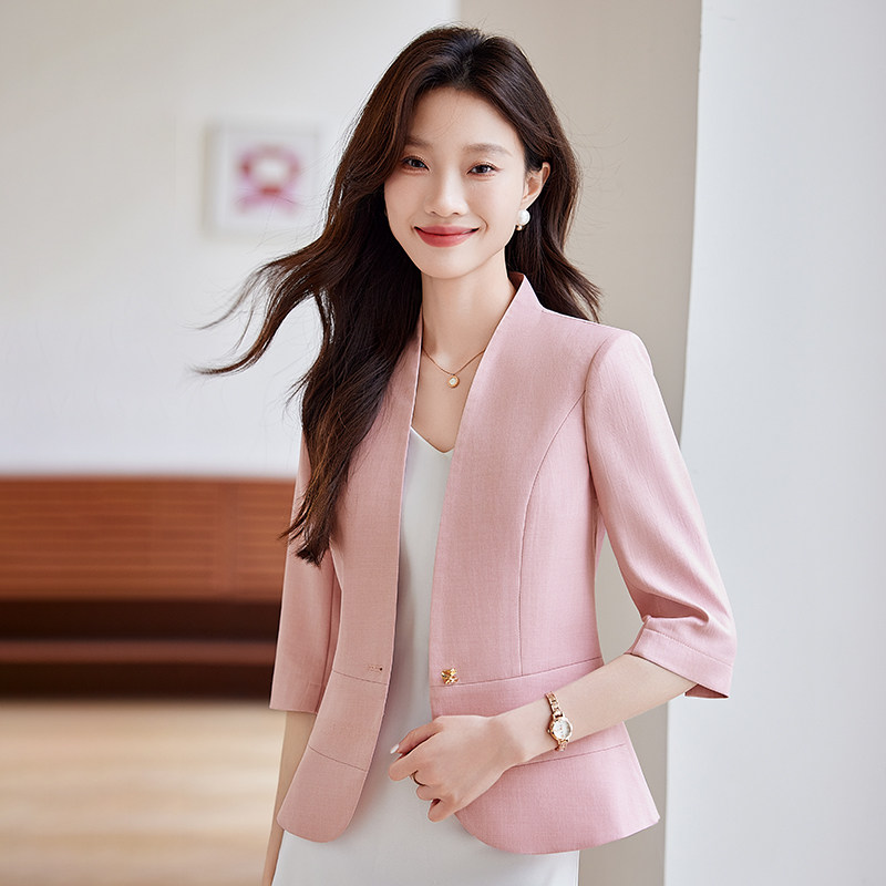 短款粉色西装外套女夏季薄款2026新款气质感职场通勤中袖西服上衣