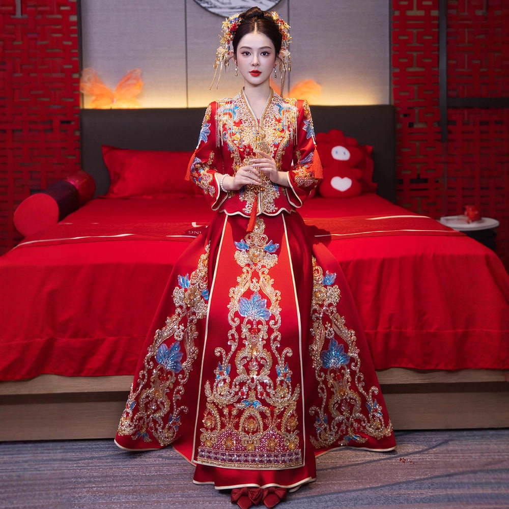 2025新款凤冠霞帔奢华丝绒秀禾服珠绣新娘结婚中式礼服重工出阁服