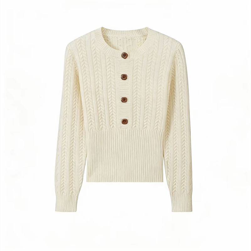 韩系简约气质百搭圆领高腰麻花针织衫短款复古2025秋冬新款上衣女