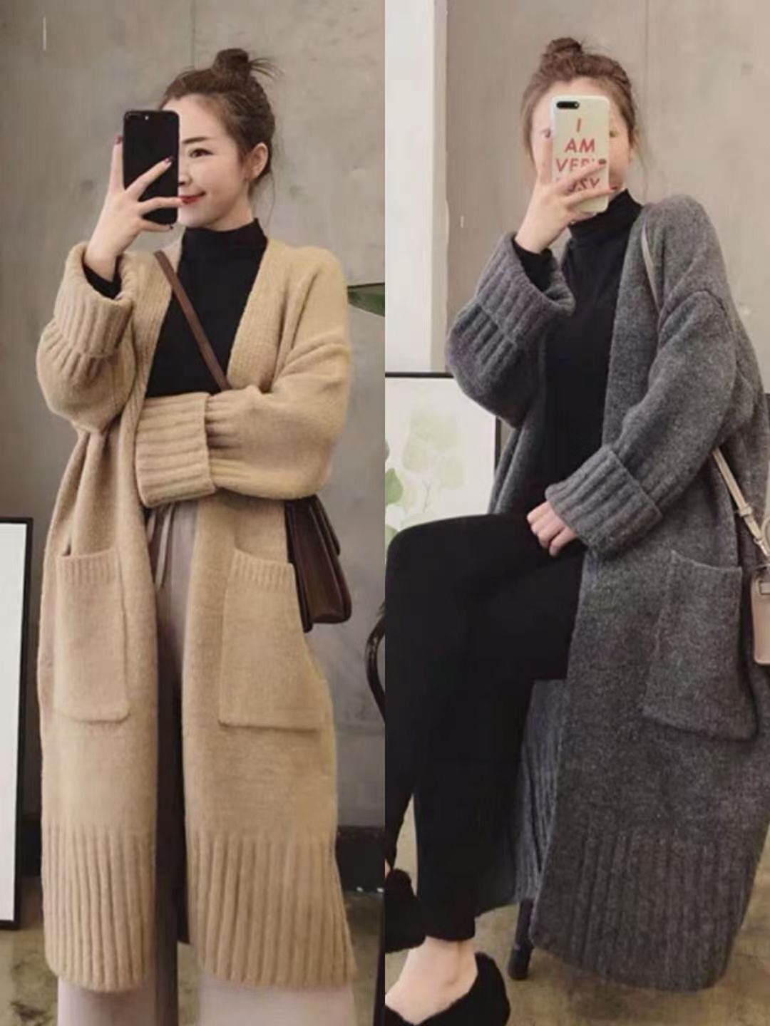 开衫外套女韩版宽松慵懒风网红中长款百搭针织口袋大秋冬毛衣加厚