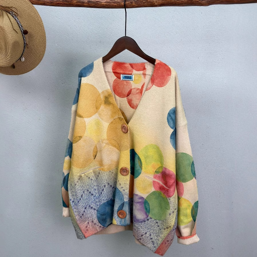 速达衣岩红专柜2024秋季新款民族风印花仿水貂绒针织开衫毛衣外套