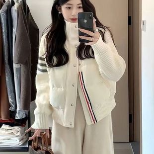 羽绒棉服冬季2025小个秋冬新款短款立领加厚保暖针织拼接棉服