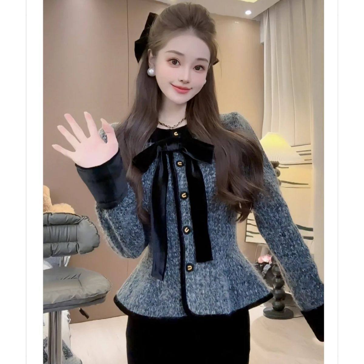 法式蝴蝶结小香风毛呢外