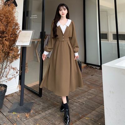 大码胖mm假两件长袖连衣