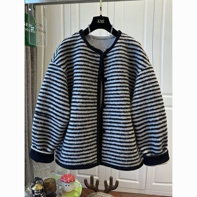 欧洲站条纹撞色毛毛外套