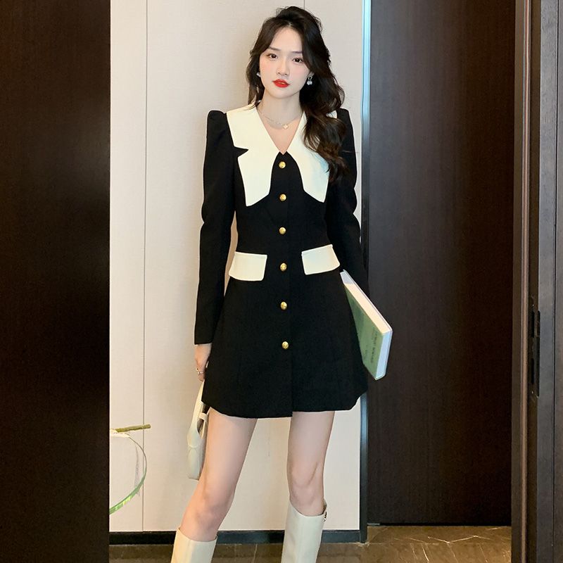 大码胖mm御姐炸街高级感拼色连衣裙女秋冬小香风翻领西装裙200斤