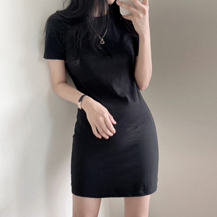 黑色短袖连衣裙女夏季新款韩版修身显瘦气质小个子纯棉中长款T恤